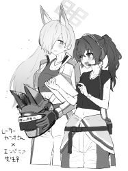 2girls absurdres animal_ear_fluff animal_ear_headwear animal_ears arms_up blue_archive blush breasts collarbone commentary_request cropped_legs dog_ears dog_girl extra_ears fake_animal_ears female_sensei_(blue_archive) female_sensei_(blue_archive)_(senta_(ysk_0218)) gloves greyscale hair_intakes hair_over_one_eye halo headset helmet highres holding holding_helmet holding_tablet_pc jacket jumpsuit kanna_(blue_archive) long_bangs long_hair looking_at_another midriff monochrome multiple_girls navel notched_ear pants parted_bangs ponytail sensei_(blue_archive) senta_(ysk_0218) short_sleeves sweat tablet_pc walkie-talkie