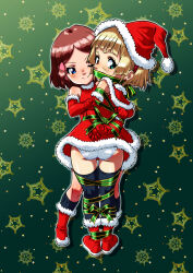 2girls arms_behind_back ass bare_shoulders bdsm black_socks black_thighhighs blonde_hair blue_eyes blunt_bangs blush bondage boots bound bound_arms bound_legs brown_hair capelet christmas christmas_present cleave_gag cloth_gag coat daikinbakuju detached_sleeves dress earrings elbow_gloves female_focus fur-trimmed_boots fur-trimmed_capelet fur-trimmed_coat fur-trimmed_dress fur-trimmed_gloves fur-trimmed_sleeves fur_trim gag gagged gift gift_wrapping gloves hair_ornament hairclip hat highres improvised_gag jewelry knee_socks kneehighs loli long_hair looking_at_viewer looking_back looking_to_the_side medium_hair multiple_girls nervous_smile open_mouth original panties patterned_background presenting red_gloves ribbon ribbon_bondage santa_boots santa_costume santa_dress santa_gloves santa_hat shibari sidelocks smile socks sparkle_background swept_bangs thigh_gap thighhighs thighs underwear upskirt white_panties