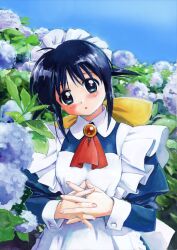 1girl :d andou_mahoro android apron aqua_flower artist_request ascot blue_dress blue_hair blue_sky blush bow breasts brooch buttoned_cuffs buttons collar collared_dress dark_blue_hair day dress flower frilled_apron frills gainax gem green_eyes hair_bow hair_flaps head_tilt headdress hydrangea jewelry juliet_sleeves large_bow leaf long_hair long_sidelocks long_sleeves mahoromatic maid maid_apron maid_headdress medium_breasts non-web_source official_art open_mouth outdoors own_fingers_together plant puffy_sleeves red_ascot red_gemstone short_sleeves sidelocks skirt sky sleeve_cuffs smile solo standing upper_body water white_apron white_collar white_sleeve_cuffs wing_collar yellow_bow