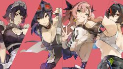 4girls ahoge apron bandaid_on_tail bare_shoulders belt black_choker black_dress black_gloves black_hair black_pants black_pantyhose black_ribbon black_shorts bra breasts choker cleavage closed_mouth clothes_pull colored_inner_hair cowboy_shot crop_top cutoffs denim denim_shorts dress ellen_joe fins fish_tail gloves goggles goggles_on_head grace_howard green_eyes hair_between_eyes hair_ornament hair_ribbon hairclip high-waist_pants highres kuno_(runkunochan) large_breasts long_hair looking_at_viewer looking_back maid_apron maid_headdress mole mole_under_eye multicolored_hair multiple_girls navel nicole_demara orange_eyes pants pantyhose pink_hair ponytail puffy_short_sleeves puffy_sleeves red_eyes red_hair ribbon shark_tail short_hair short_sleeves shorts simple_background smile solo spiked_headband sports_bra streaked_hair sweat tail tight_clothes tight_pants two_side_up underboob underwear undressing w weapon weapon_on_back zenless_zone_zero zhu_yuan zipper_top