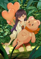 1girl balloon blue_hair brown_hair brown_shorts closed_mouth collarbone commentary_request dappled_sunlight drawstring earrings flower_earrings foliage gradient_hair grass hair_between_eyes hair_ornament hairclip hand_rest heart_balloon highres holding_teddy_bear hood hood_down hooded_jacket jacket jewelry kyline leaf light_blush log long_hair looking_at_viewer multicolored_hair mushroom neck_ribbon on_grass open_clothes open_jacket orange_eyes parallel_hairclips project_sekai puffy_sleeves rabbit red_ribbon red_scarf ribbon scarf shiraishi_an shorts single_earring sitting smile solo star_(symbol) star_hair_ornament sunlight three-quarter_sleeves yellow_jacket
