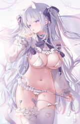 Rule 34 | 1girl, ame usari, animal ear fluff, animal ears, bandaid on thigh, blush, bow, bow panties, bowtie, bra, breasts, cat ears, cat girl, cleavage, clothing cutout, commentary, crop top, cross, cross earrings, cross print, earrings, extra ears, floating hair, frilled panties, frilled sleeves, frilled thighhighs, frills, gluteal fold, grey hair, hair ribbon, hand up, heart, heart-shaped pupils, heart cutout, heart o-ring, heart print, highres, jewelry, large breasts, leash, long hair, long sleeves, looking at viewer, navel, o-ring, open mouth, original, panties, pom pom (clothes), purple bow, purple bowtie, purple eyes, ribbon, shrug (clothing), solo, standing, stomach, strap pull, symbol-shaped pupils, thigh strap, thighhighs, thighs, tongue, tongue out, turning head, two side up, underwear, very long hair, white background, white bra, white panties, white shrug, white thighhighs