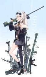 1girl ahoge ak-47 animal_ear_piercing animal_ears assault_rifle black_boots black_jacket black_pantyhose black_shirt blue_background boots breasts bullpup character_name cleavage commentary_request crop_top cropped_shirt double-parted_bangs fang from_side full_body fur-trimmed_jacket fur_trim goggles goggles_on_head gradient_background grey_eyes grey_hair grey_skirt gun hair_between_eyes high_heel_boots high_heels highres hololive jacket jewelry kalashnikov_rifle kuuneru514 lion_ears lion_girl lion_tail long_hair looking_at_viewer machine_gun medium_breasts messy_hair mg42 miniskirt necklace o-ring o-ring_thigh_strap off_shoulder open_mouth over_shoulder p90 pantyhose personal_defense_weapon rifle see-through_cleavage see-through_clothes shirt shishiro_botan shishiro_botan_(1st_costume) sidelocks single_leg_pantyhose skin_tight skirt sleeveless sleeveless_shirt sniper_rifle solo submachine_gun suppressor tail thigh_strap torn_clothes torn_pantyhose trigger_discipline two_side_up virtual_youtuber weapon weapon_on_floor weapon_over_shoulder zipper_skirt