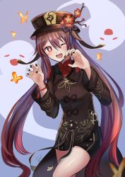 1girl black_hat black_nails blouse blue_background flower-shaped_pupils genshin_impact ghost hair_between_eyes hat highres hu_tao_(genshin_impact) long_hair nail_polish one_eye_closed open_mouth red_shirt shirt sii_artatm solo symbol-shaped_pupils very_long_hair
