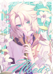 Rule 34 | 1boy, absurdres, albedo (genshin impact), aqua background, aqua eyes, blonde hair, blue shirt, border, character name, closed mouth, commentary request, floral background, flower, gem, genshin impact, hair between eyes, hands up, highres, holding, holding flower, hood, hoodie, korean commentary, leaf, looking at viewer, male focus, mandarin collar, open clothes, open hoodie, outside border, scar, shirt, short hair, short sleeves, smile, solo, upper body, vision (genshin impact), white border, white flower, white hoodie, yellow gemstone, yuseol art