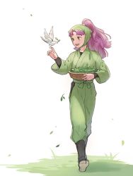 Rule 34 | 1boy, arm guards, basket, bird, bird on hand, black boots, boots, full body, green headwear, herb, holding, hood, japanese clothes, long hair, looking at animal, looking away, looking to the side, male focus, pants, ponytail, purple hair, rakudai ninja rantarou, riyang, santanda kazuma, shoe soles, solo, walking, white background