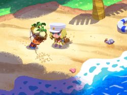 2girls animal animal_crossing animal_ears bag basket beach black_eyes blonde_hair blue_kimono blush_stickers bow branch brown_hair closed_mouth commentary_request crab daisy_mae_(animal_crossing) dress floral_print food food_on_head footprints freckles furry furry_female grass green_eyes hat headscarf highres holding holding_bag holding_branch hooves innertube iroidori4422 japanese_clothes kimono kneeling long_hair looking_at_another looking_down math money_bag multiple_girls nintendo object_on_head ocean outdoors pig_ears red_bow red_sash sand sand_writing sandals sash seashell shadow shell short_hair short_sleeves snot solid_oval_eyes standing sunflower_print swim_ring tree turnip villager_(animal_crossing) white_dress white_headscarf white_headwear writing