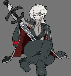 1girl arm_up black_coat black_shoes black_vest blue_eyes breasts brown_sweater closed_mouth coat coat_on_shoulders dress faust_(project_moon) grey_background grey_dress highres holding holding_sword holding_weapon kekeken large_breasts limbus_company looking_at_viewer project_moon ribbed_sweater shoes short_hair simple_background sitting solo sweater sword vest weapon white_hair zweihander