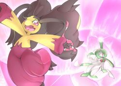bob_cut colored_skin dress extra_mouth gardevoir gen_3_pokemon green_hair green_skin mawile mawile_no1 mega_mawile mega_pokemon multicolored_skin nintendo open_mouth pink_eyes pokemon pokemon_(creature) purple_skin skirt two-tone_skin white_dress white_skin yellow_skin yellow_skirt