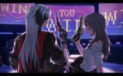 1boy 1girl absurdres black_gloves black_hair black_shirt black_skirt boothill_(honkai:_star_rail) djinchnizhnsh1 gloves grey_hair gun handgun highres holding holding_gun holding_weapon honkai:_star_rail honkai_(series) long_hair long_sleeves mechanical_arms multicolored_hair shirt skirt stelle_(honkai:_star_rail) streaked_hair trailblazer_(honkai:_star_rail) two-tone_hair weapon white_hair white_shirt yellow_eyes
