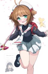 2girls antenna_hair backpack bag beret blush cardcaptor_sakura commentary_request daidouji_tomoyo fuuin_no_tsue hair_bobbles hair_intakes hair_ornament hat highres holding holding_wand kero_(cardcaptor_sakura) kibihimi kinomoto_sakura leg_up long_hair long_sleeves looking_at_viewer magical_girl miniskirt multiple_girls neckerchief open_mouth randoseru recording red_bag request_inset sailor_collar school_uniform short_hair simple_background skirt smile standing standing_on_one_leg thighs tomoeda_elementary_school_uniform two_side_up wand white_background white_hat white_neckerchief white_sailor_collar white_skirt