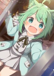 Rule 34 | 1girl, :d, absurdres, ahoge, animal ear fluff, animal ears, aqua jacket, blue eyes, blue jacket, blurry, blush, cat ears, center frills, commission, depth of field, dress, feathered wings, frills, green eyes, green hair, hair ornament, highres, hood, hood down, hooded jacket, hoodie, jacket, long sleeves, looking at viewer, open clothes, open door, open hoodie, open jacket, open mouth, opening door, pleated skirt, ribbon, shiro9jira, shirt, short hair, skeb commission, skirt, smile, solo, vrchat, white shirt, white skirt, wings