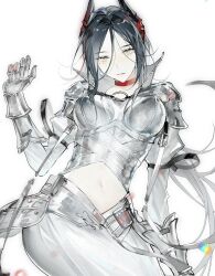 1girl absurdres arknights arm_up armor belt black_hair breastplate breasts breasts_apart choker chromatic_aberration clothing_cutout demon_horns expressionless gauntlets high_collar highres horns huang_huo_liaoyuan impasto ines_(arknights) ines_(under_the_flaming_dome)_(arknights) juliet_sleeves long_hair long_sleeves looking_at_viewer navel navel_cutout parted_bangs pauldrons puffy_sleeves red_choker shirt shoulder_armor simple_background solo stomach_cutout white_background white_belt white_shirt yellow_eyes