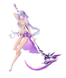 1girl absurdres alternate_costume arm_up bare_shoulders bikini black_choker bow breasts castorice_(honkai:_star_rail) choker cleavage closed_mouth collarbone commentary flower full_body grey_hair hair_bow hair_flower hair_ornament halterneck highres holding holding_scythe holding_weapon honkai:_star_rail honkai_(series) kesa_pasa large_breasts legs long_hair looking_at_viewer navel pink_flower pointy_ears purple_bow purple_eyes purple_hair purple_skirt sandals scythe sidelocks simple_background skirt solo standing stomach swimsuit very_long_hair weapon white_background white_bikini