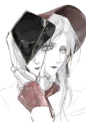 Rule 34 | 2girls, bloodborne, bonnet, fingerless gloves, gloves, hat, highres, kabyyi, lady maria of the astral clocktower, long hair, looking at viewer, looking to the side, multiple girls, plain doll, simple background, tricorne, white hair