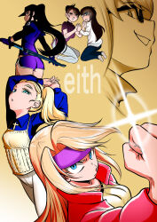 6+girls ass berit_(eisu) black_hair blonde_hair blue_eyes borrowed_character chaco_(eisu) dolphin_shorts eisu-chan_(eisu) glasses grin harsha_(eisu) headband highres kashisu_mint long_hair mari_(eisu) multiple_girls original shorts simple_background smile sweater_vest sword tsukigime_sabuko weapon yellow_background