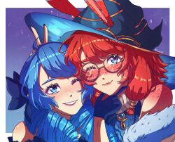 2girls alune_(alunetrashpanda) animal_ears aurora_(league_of_legends) bare_shoulders black_bow black_gloves black_hat blue_eyes blush bow drill_hair ears_through_headwear glasses gloves green_eyes grin gwen_(league_of_legends) hair_bow hat highres league_of_legends multiple_girls one_eye_closed portrait round_eyewear shiny_skin smile teeth twin_drills twintails witch_hat
