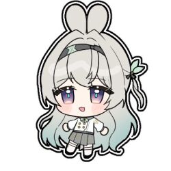 13_(jjusan13) animal_ears black_hairband black_ribbon chibi firefly_(honkai:_star_rail) firefly_(spring_missive)_(honkai:_star_rail) gradient_eyes gradient_hair green_pupils grey_hair grey_sailor_collar grey_skirt hair_between_eyes hair_intakes hair_ornament hair_ribbon hairband honkai:_star_rail honkai_(series) long_hair long_sleeves lowres multicolored_eyes multicolored_hair pleated_skirt rabbit_ears ribbon sailor_collar shirt simple_background skirt thighhighs white_background white_shirt white_thighhighs