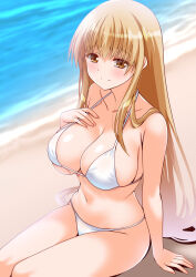 1girl bare_arms bare_shoulders beach bikini blonde_hair blush breasts collarbone commission engo_(aquawatery) halterneck hand_on_own_chest highres large_breasts long_hair looking_at_viewer navel ocean otonari_no_tenshi-sama_ni_itsu_no_mani_ka_dame_ningen_ni_sarete_ita_ken outdoors pixiv_commission shiina_mahiru_(otonari_no_tenshi-sama) sitting solo swimsuit white_bikini yellow_eyes