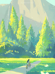 Rule 34 | 1girl, artist name, bicycle, bird, black hair, bug, butterfly, day, grass, huhv., insect, long hair, mountain, nature, original, outdoors, riding, riding bicycle, road, scenery, shirt, sky, solo, tree, white shirt