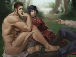 1girl 2boys abs ainu ainu_clothes arm_hair bara beard black_hair buzz_cut chest_hair convenient_leg elbow_rest facial_hair fine_art_parody forest golden_kamuy hairy inkarmat japanese_clothes kimono large_pectorals le_dejeuner_sur_l&#039;herbe leg_hair looking_at_viewer male_focus mature_male multiple_boys muscular muscular_male nature nipples no_male_underwear nopinzo out_of_frame painterly pants_around_one_leg parody pectorals pointing red_kimono short_hair sideburns sidepec tanigaki_genjirou thick_eyebrows thick_thighs thighs topless_male very_short_hair