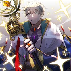 1boy ascot blue_eyes closed_mouth gloves gradient_background hagiography highres holding holding_staff jewelry looking_at_viewer male_focus purple_ascot ring roie_(yume-100) solo sparkle staff upper_body white_gloves yume_oukoku_to_nemureru_100-nin_no_ouji-sama