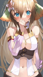 1girl bare_shoulders blue_eyes breasts brown_hair center_opening ciel_nosurge cleavage covering_own_mouth crop_top flower hair_flower hair_ornament highres ionasal_kkll_preciel light_blush long_hair navel revealing_clothes signature solo surge_concerto umino_hotate upper_body very_long_hair white_flower