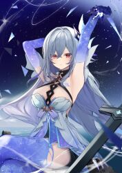 1girl absurdres armpits arms_up bare_shoulders blue_gloves blue_thighhighs commentary dress elbow_gloves genshin_impact gloves grey_hair hair_between_eyes hair_intakes halter_dress halterneck highres long_hair looking_at_viewer red_eyes sakusaku_(616saku) sitting skirk_(genshin_impact) solo sword thighhighs thighs very_long_hair weapon white_dress