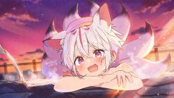 1boy animal_ear_fluff animal_ears artist_name blush cloud commentary_request commission crossed_bangs dated dot_nose double-parted_bangs dusk extra_tails fang far_tarooo fence hair_between_eyes highres light_rays looking_at_viewer male_focus onsen open_mouth original outdoors partially_submerged pink_eyes shiny_skin short_hair skeb_commission sky sunbeam sunlight tail towel towel_on_head water watermark wet wet_hair white_hair