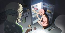 2girls absurdres alternate_costume barefoot bottle bread bread_slice cake can chinese_commentary clutter commentary_request dishwasher drink_can eating flashlight food food_on_face fruit green_pajamas grey_hair highres hitodama hitodama_print holding holding_can holding_flashlight indoors juice kinoko_(kino2435006) kitchen konpaku_youmu konpaku_youmu_(ghost) ladle looking_at_another multiple_girls night nightgown open_mouth pajamas pink_eyes pink_hair pink_nightgown refrigerator saigyouji_yuyuko short_hair sleep_mask soda_can spatula squatting stove swiss_roll touhou towel watermelon whipped_cream