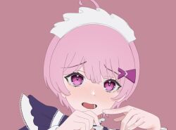 1girl 6+girls alternate_costume apron blush enmaided frills hairband heaven_burns_red maid maid_apron maid_headdress monakayukimochi multiple_girls ooshima_minori red_background red_hair short_hair solo