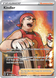 1boy apron ariga_hitoshi artist_name bandana brown_hair card_(medium) character_name closed_eyes cloud company_name copyright_name copyright_notice embers english_text fire flame_print gloves holding holding_poke_ball kindler_(pokemon) kindling male_focus nintendo official_art open_mouth outdoors poke_ball poke_ball_(basic) pokemon pokemon_card pokemon_oras pokemon_tcg red_apron red_bandana short_hair sky sleeveless smile sweat teeth thick_eyebrows third-party_source trading_card upper_teeth_only white_gloves