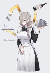 Rule 34 | 1girl, absurdres, alternate costume, aponia (honkai impact), apron, black dress, blue eyes, bottle, breasts, brown hair, commentary, cup, dated commentary, dress, dyadyadya, extra hands, fork, grey background, highres, holding, holding bottle, holding fork, holding knife, holding plate, holding spoon, honkai (series), honkai impact 3rd, kitchen knife, knife, large breasts, long braid, maid, maid apron, mole, mole under eye, plate, simple background, solo, spoon, twitter username, wine bottle