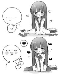 Rule 34 | 1boy, 1girl, :3, :o, ?, arm support, artist self-insert, blunt bangs, blush, blush stickers, confused, dot nose, drakeposting (meme), greyscale, heart, highres, hime cut, long hair, looking at viewer, meme, mole, mole under eye, monochrome, multiple views, naked bowtie, original, petite, school uniform, simple background, sitting, smile, spoken heart, thumbs up, tunyaumai, white background, yokozuwari