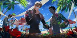 6+boys beach beach_umbrella beach_volleyball black_eyes black_hair black_skin blonde_hair blue_sky blue_tank_top character_request chest_tattoo closed_mouth cloud coconut colored_skin copyright_request cum cum_on_body day earrings expressionless facial floral_print flower from_side heart heart-shaped_eyewear hh723hh highres holding jewelry looking_at_another male_focus multiple_boys muscular muscular_male ocean open_clothes open_shirt palm_tree pointy_ears red_flower sand short_hair skin_tight sky smile sun sunlight tank_top tattoo toned toned_male tree umbrella
