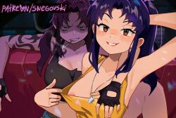2girls areola_slip arm_around_neck arm_behind_head arm_tattoo arm_up armpits artist_name bare_shoulders black_eyes black_gloves black_lagoon black_shirt blush breasts brown_eyes cigarette clothes_pull crop_top cropped_shirt cross cross_necklace curtained_hair fingerless_gloves gloves grin hand_on_another&#039;s_chest heart highres jewelry jitome katsuragi_misato large_breasts long_hair looking_at_viewer medium_breasts multiple_girls necklace neon_genesis_evangelion patreon_username ponytail pulling_own_clothes purple_hair revy_(black_lagoon) shirt shirt_pull sidelocks sleeveless sleeveless_shirt smile smoke smoking snegovski tattoo teeth v-shaped_eyebrows yellow_shirt