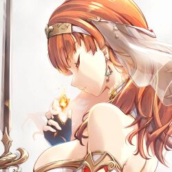 1girl armor bare_shoulders black_gloves breastplate breasts celica_(fire_emblem) choker clear_glass_(mildmild1311) cleavage closed_eyes earrings fingerless_gloves fire fire_emblem fire_emblem_echoes:_shadows_of_valentia gloves highres holding holding_sword holding_weapon jewelry long_hair magic medium_breasts nintendo orange_hair red_hair sideboob solo sword tiara veil weapon white_armor