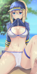 1girl absurdres ahoge arm_support artoria_pendragon_(fate) beach bikini blonde_hair blue_eyes blue_sky blush breasts cameltoe cleavage day fate/grand_order fate_(series) groin_tendon highres horizon large_breasts mouth_hold mysterious_heroine_x_(fate) mysterious_heroine_xx_(fate) navel ocean sand shore shrug_(clothing) side-tie_bikini_bottom sii_artatm sky solo swimsuit thighs tree water white_bikini