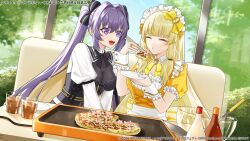 2girls :d apron assault_lily back_bow black_bow black_bowtie black_dress black_ribbon blonde_hair blowing blowing_on_food blue_sky blurry blurry_background bodystocking bottle bow bowl bowtie breasts chopsticks cleavage closed_eyes closed_mouth commentary_request copyright_notice couch cup day detached_collar dress drink drinking_glass dutch_angle eating fingernails food frilled_dress frilled_sleeves frilled_wrist_cuffs frills gem griddle hair_between_eyes hair_bow hair_intakes hair_ribbon hands_up highres holding holding_chopsticks holding_plate holding_with_chopsticks indoors jewelry juliet_sleeves ketchup_bottle long_hair long_sleeves looking_at_another low-tied_sidelocks maid maid_headdress mayonnaise_bottle medium_breasts multiple_girls official_alternate_costume official_art okonomiyaki on_couch open_mouth orange_dress orange_ribbon p9_nai plate puffy_short_sleeves puffy_sleeves purple_eyes purple_hair pursed_lips ribbon ring school_uniform see-through_cleavage see-through_clothes sejima_hiromu short_sleeves shrug_(clothing) side-by-side sidelocks sitting sky sleeve_bow sleeve_ribbon smile steam strapless strapless_dress striped_bow table tachihara_sayu tree twintails two-tone_dress upper_body utensil v_arms very_long_hair waist_apron white_dress wrist_cuffs yellow_bow yellow_bowtie yellow_brooch yellow_gemstone yurigaoka_girls_academy_school_uniform