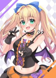 1girl :d alternate_costume bare_shoulders black_camisole black_choker black_gloves blonde_hair blue_bow blush bow bow_skirt camisole choker collarbone colored_eyelashes commentary_request cowboy_shot demon_wings double_v eyes_visible_through_hair fake_wings fingerless_gloves gloves green_eyes hair_between_eyes hair_bow hair_intakes hair_ornament halloween_costume hand_up happy highres long_hair looking_at_viewer low_wings midriff minatoto navel open_mouth orange_skirt outstretched_arm purple_bow sidelocks simple_background skirt smile solo summer_pockets tsumugi_wenders twintails v white_background wings x_hair_ornament
