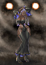 1girl absurdres arms_up bodypaint braid braided_ponytail breasts cleavage curvy dark-skinned_female dark_skin dolores_(kof) dress female_focus glasses gold green_eyes hands_up heel_up highres huge_breasts large_breasts long_hair multicolored_hair panties purple_hair round_eyewear shoes smile standing the_king_of_fighters thick_thighs thighs treartz two-tone_hair underwear white_hair wide_hips