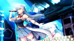 1girl :d blue_shirt blue_skirt bow bowtie breasts floating_hair game_cg glasses gloves grey_hair half_up_braid hand_up holding holding_microphone idol_clothes kitora_mirja large_breasts long_hair microphone music official_art open_mouth orange_eyes overskirt red_bow red_bowtie screen_zoom shirt singing skirt sleeveless smile solo stage stage_lights standing thighhighs toji_no_miko toji_no_miko:_kizamishi_issen_no_tomoshibi white_gloves white_skirt white_thighhighs