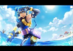 1girl absurdres alternate_costume animification ball beach beachball black_gloves black_hat black_wetsuit blonde_hair blue_hair bodysuit brimstone_(valorant) brown_eyes cloud copyright_name cypher_(valorant) dark-skinned_female dark_skin diving_suit elbow_gloves gloves hat highres holding holding_water_gun kay/o_(valorant) letterboxed looking_at_viewer multicolored_hair neon_(valorant) ocean omen_(valorant) parted_lips people phoenix_(valorant) raze_(valorant) ritskyz sage_(valorant) sky solo streaked_hair two_side_up umbrella valorant water water_gun wetsuit yoru_(valorant)
