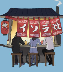 1boy 2girls absurdres belt black_hair black_hat black_pants blue_background boots chopsticks coat denim_dress food_stand from_behind haruhuru_8686 hat highres isora_(megami_tensei) jacket lantern medium_hair multiple_girls nitta_isamu on_stool pants paper_lantern shin_megami_tensei shin_megami_tensei_iii:_nocturne short_hair sitting smoke tachibana_chiaki_(megami_tensei) takao_yuko wheel white_coat white_jacket wooden_stool yatai