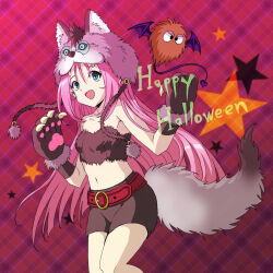 Rule 34 | 1girl, :d, animal hands, animal hood, belt, belt buckle, breasts, brown gloves, brown shorts, buckle, collarbone, crop top, fake tail, floating hair, fox hood, fox tail, gloves, green eyes, guvava, halloween, halloween costume, hood, long hair, macross, macross 7, midriff, mylene jenius, na cat1111, navel, open mouth, paw gloves, pink hair, plaid background, red background, red belt, short shorts, shorts, small breasts, smile, solo, standing, stomach, strapless, tail, very long hair
