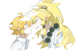 Rule 34 | 2boys, ahoge, aotu world, bead necklace, beads, blonde hair, blue eyes, blush, chinese commentary, chinese text, closed mouth, collared shirt, earrings, eye contact, face-to-face, from side, grin, hair between eyes, high ponytail, jewelry, king (aotu world), long hair, looking at another, low-tied sidelocks, male focus, multiple boys, necklace, pearl necklace, pelley (aotu world), pointy ears, ponytail, profile, purple eyes, sharp teeth, shirt, short hair, sidelocks, simple background, smile, teeth, tiantianxiangshang89404, upper body, white background, white shirt, yaoi