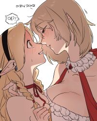 2girls absurdres asymmetrical_docking bare_shoulders black_ribbon blonde_hair blush braid breast_press breasts cleavage collar collarbone detached_sleeves dungeon_meshi earrings falin_touden feathers green_eyes hair_ribbon half-closed_eyes hand_on_another&#039;s_neck highres jewelry large_breasts long_hair looking_at_viewer marcille_donato medium_breasts medium_hair multiple_girls nervous own_hands_clasped own_hands_together parted_lips pointy_ears profile red_ribbon ribbon simple_background smile tareme translation_request ttal_ttal twin_braids white_background yuri