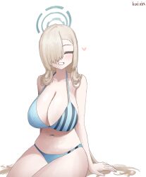 1girl absurdres asuna_(blue_archive) bare_shoulders bikini blonde_hair blue_archive blue_bikini blue_halo blush breasts cleavage closed_eyes collarbone hair_over_one_eye halo heart highres huge_breasts kai_xin long_hair navel sitting smile swimsuit thighs very_long_hair