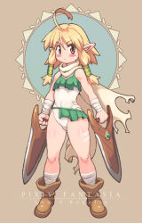 1girl ahoge blonde_hair brown_footwear full_body highres leotard leotard_under_clothes looking_at_viewer pixiv_fantasia pixiv_fantasia_sword_regalia pointy_ears solo standing tagme weapon white_leotard yellow_eyes yu_3