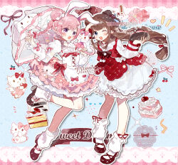 2girls animal_ears baichaguozi blue_eyes blush bow braid brown_hair cake cat double_bun dress food fruit hair_bow hair_bun highres holding holding_umbrella long_hair long_sleeves looking_at_viewer multiple_girls one_eye_closed open_mouth original pink_hair purple_eyes rabbit rabbit_ears shoes smile socks strawberry twintails umbrella white_dress